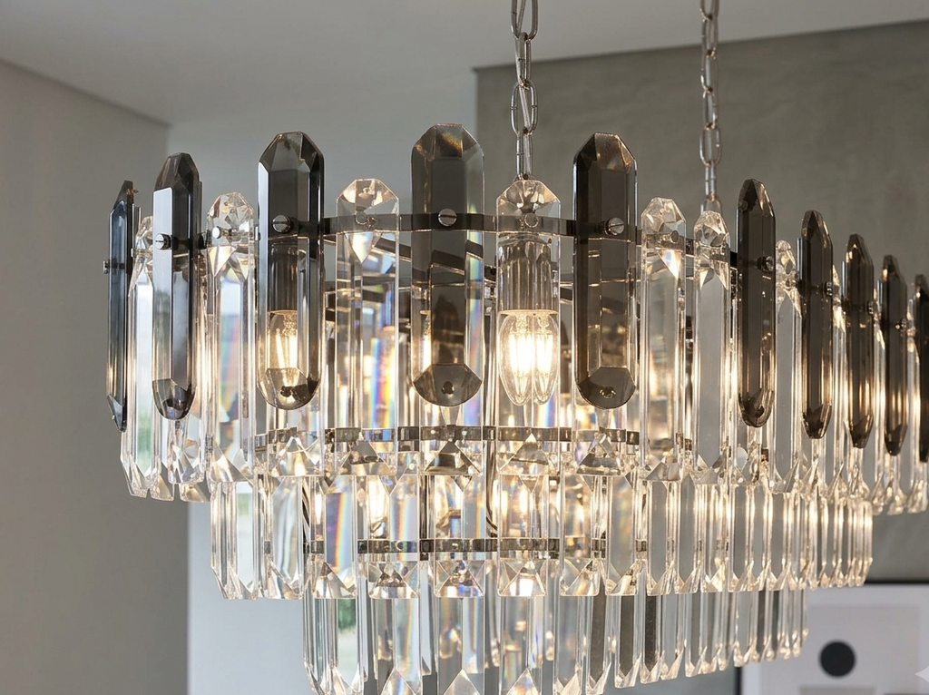 A modern multi-tier crystal chandelier with dark metal accents and hanging clear glass prisms, shown illuminated in an indoor room setting.