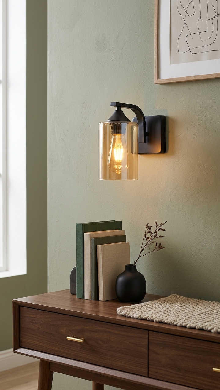 A modern wall sconce with a clear glass cylinder shade and black metal mount, casting a warm light, mounted on a sage green wall above a wooden console table.