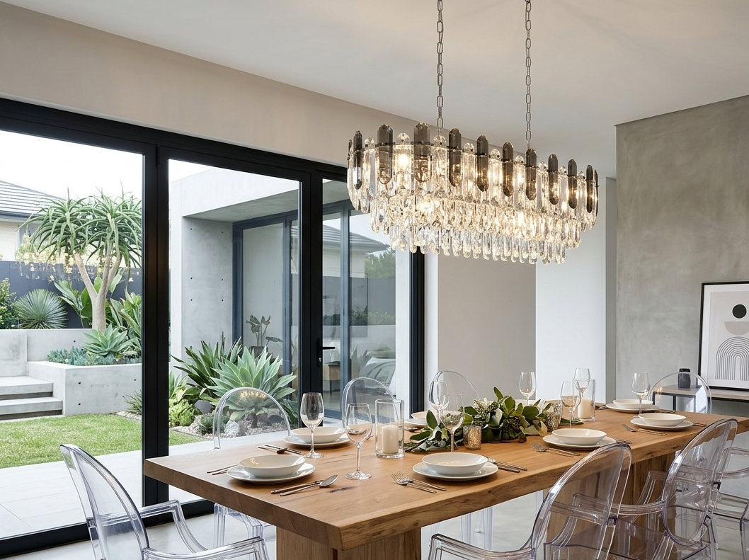 A modern dining room scene featuring a large rectangular wooden dining table set with white plates, clear acrylic chairs, and a prominent multi-tiered crystal chandelier hanging above. Large black-framed glass doors in the background reveal a green outdoor patio.