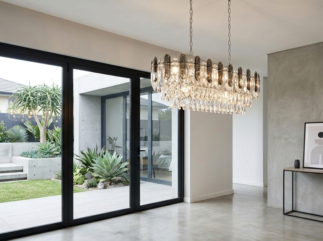 A large modern multi-light chandelier with clear crystal drops and dark metal accents hangs in a contemporary living room with concrete floors, sliding glass doors, and a concrete wall console.