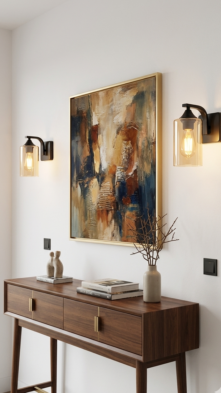 A modern interior scene showing a framed abstract painting on a white wall above a dark wood console table, with two lit wall sconces on either side.